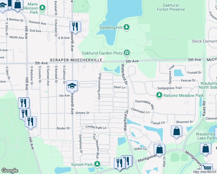 map of restaurants, bars, coffee shops, grocery stores, and more near 686 Four Seasons Boulevard in Aurora