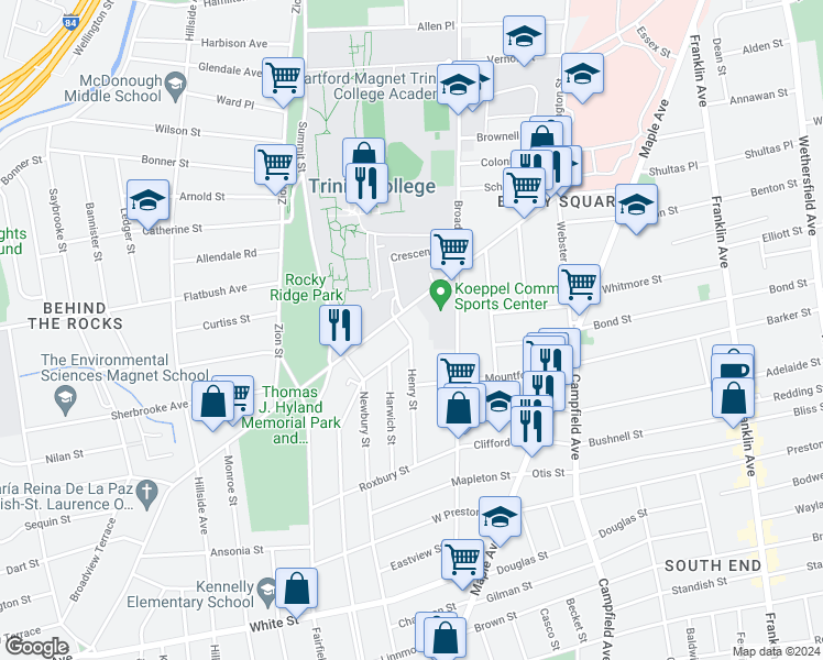 map of restaurants, bars, coffee shops, grocery stores, and more near 16 Henry Street in Hartford