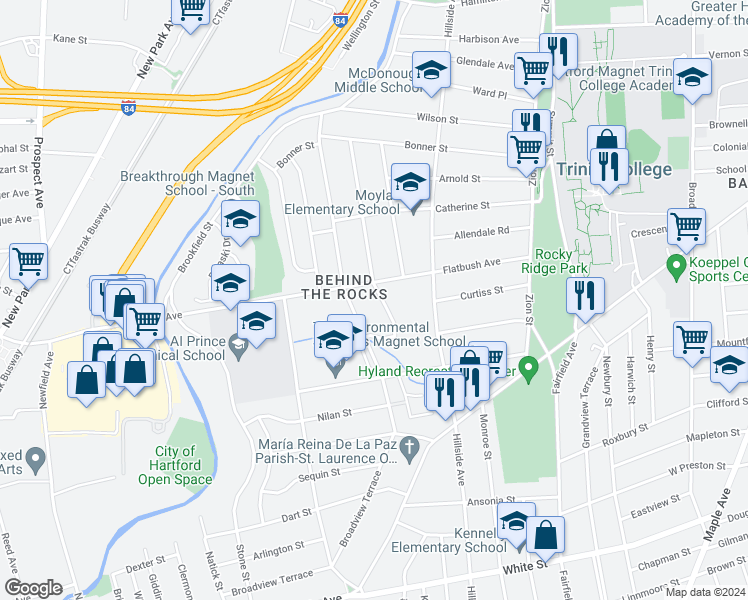 map of restaurants, bars, coffee shops, grocery stores, and more near 15 Grafton Street in Hartford