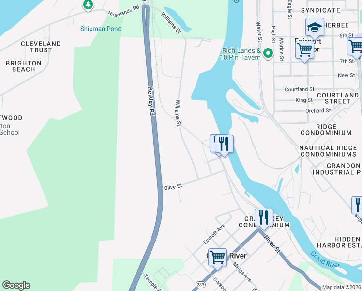map of restaurants, bars, coffee shops, grocery stores, and more near 28 Williams Street in Grand River