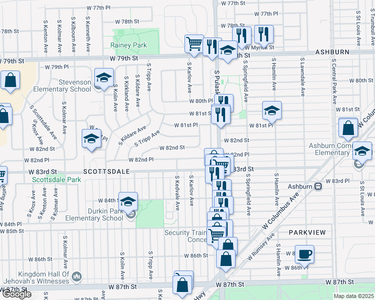 map of restaurants, bars, coffee shops, grocery stores, and more near 4123 South Karlov Avenue in Chicago