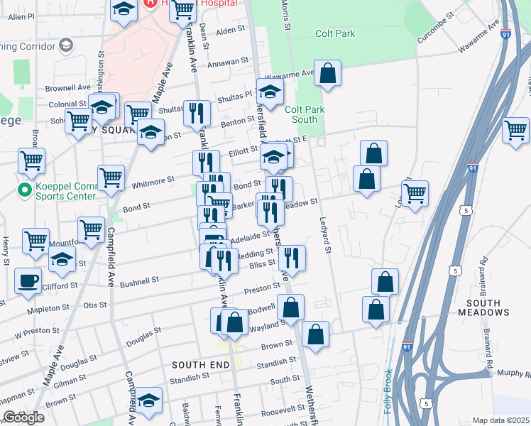 map of restaurants, bars, coffee shops, grocery stores, and more near 453 Wethersfield Avenue in Hartford