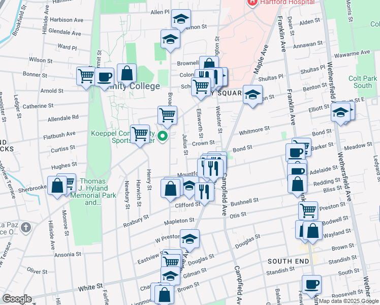 map of restaurants, bars, coffee shops, grocery stores, and more near 66 Julius Street in Hartford