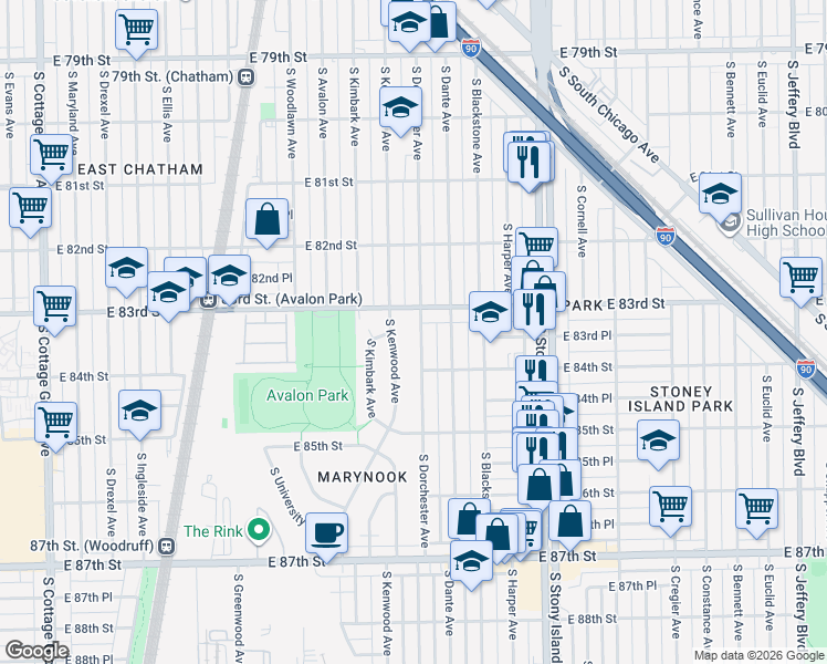 map of restaurants, bars, coffee shops, grocery stores, and more near 8322 South Dorchester Avenue in Chicago