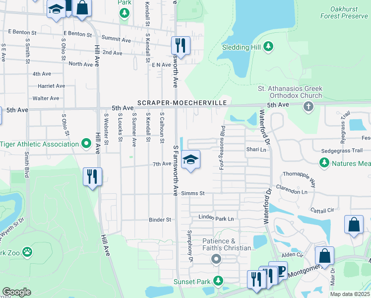 map of restaurants, bars, coffee shops, grocery stores, and more near 1620 Victoria Park Circle in Aurora