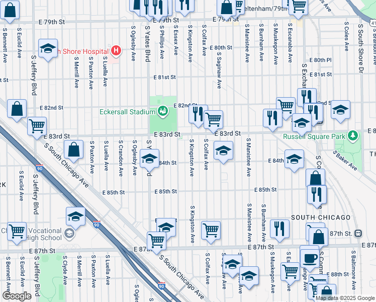 map of restaurants, bars, coffee shops, grocery stores, and more near 8336 South Kingston Avenue in Chicago