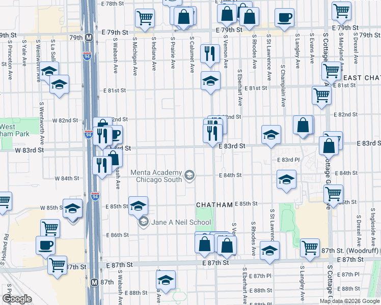 map of restaurants, bars, coffee shops, grocery stores, and more near 8308 South Calumet Avenue in Chicago
