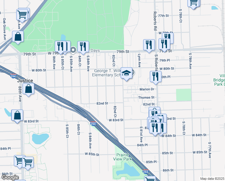 map of restaurants, bars, coffee shops, grocery stores, and more near 8114 South 82nd Court in Justice