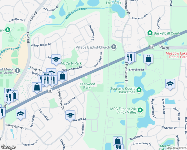 map of restaurants, bars, coffee shops, grocery stores, and more near 747 Clearwood Court in Aurora