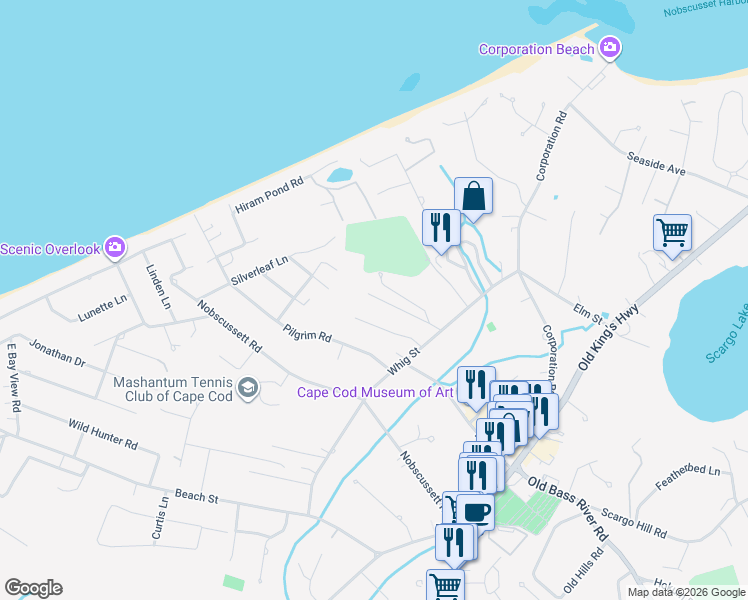 map of restaurants, bars, coffee shops, grocery stores, and more near 132C Whig Street in Dennis