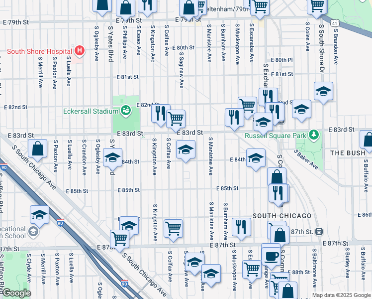 map of restaurants, bars, coffee shops, grocery stores, and more near 8335 South Saginaw Avenue in Chicago