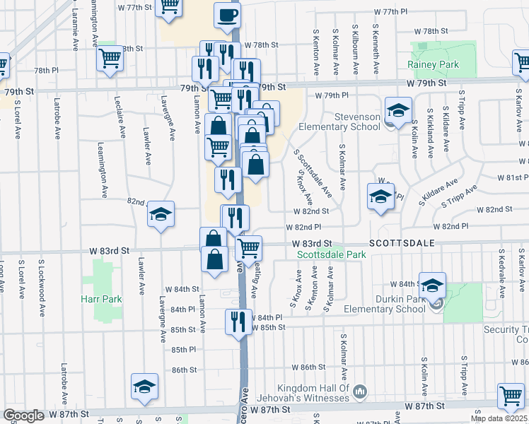 map of restaurants, bars, coffee shops, grocery stores, and more near 8176 South Keating Avenue in Chicago