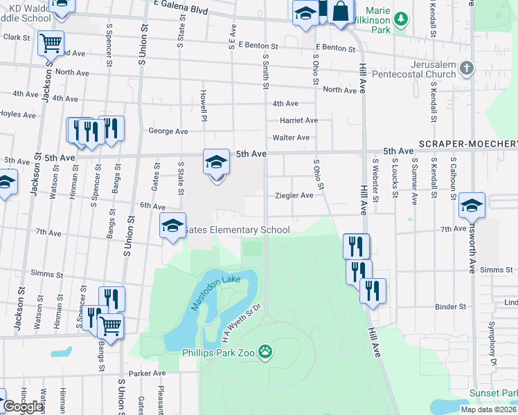 map of restaurants, bars, coffee shops, grocery stores, and more near 571 Smith Boulevard in Aurora