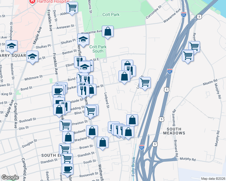 map of restaurants, bars, coffee shops, grocery stores, and more near 85b Meadow Street in Hartford