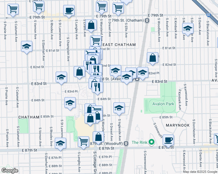 map of restaurants, bars, coffee shops, grocery stores, and more near 8316 South Drexel Avenue in Chicago