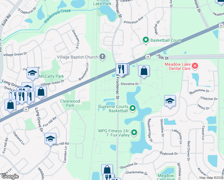 map of restaurants, bars, coffee shops, grocery stores, and more near 3385 Ravinia Circle in Aurora