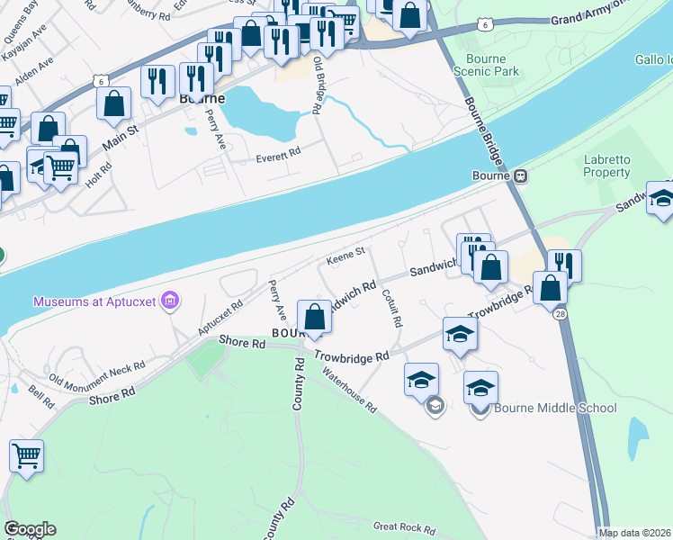 map of restaurants, bars, coffee shops, grocery stores, and more near 30 Keene Street in Bourne
