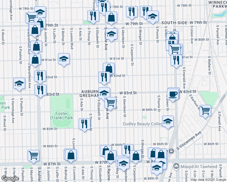 map of restaurants, bars, coffee shops, grocery stores, and more near 8254 South May Street in Chicago