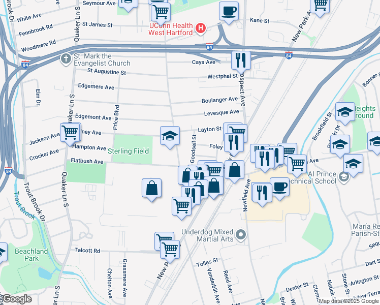 map of restaurants, bars, coffee shops, grocery stores, and more near 25 Goodsell Street in West Hartford