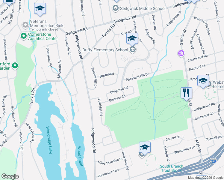 map of restaurants, bars, coffee shops, grocery stores, and more near 18 Chapman Road in West Hartford