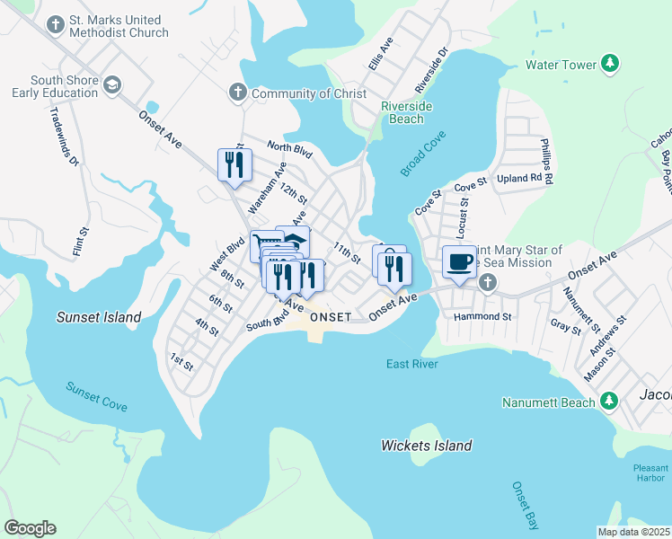 map of restaurants, bars, coffee shops, grocery stores, and more near 14 Waban Avenue in Wareham