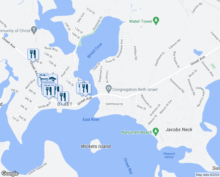 map of restaurants, bars, coffee shops, grocery stores, and more near 38 Grove Street in Wareham