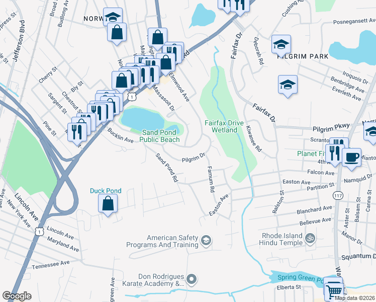 map of restaurants, bars, coffee shops, grocery stores, and more near 100 Puritan Drive in Warwick