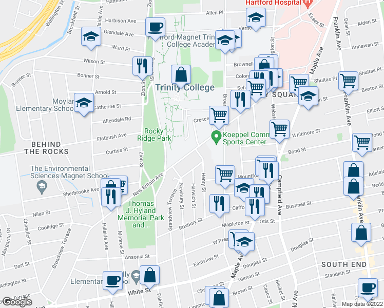 map of restaurants, bars, coffee shops, grocery stores, and more near 225 New Britain Avenue in Hartford