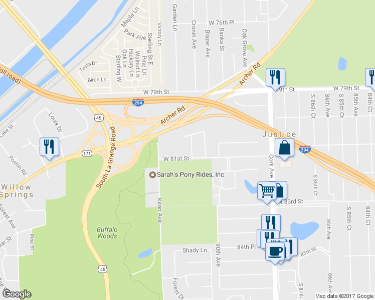 map of restaurants, bars, coffee shops, grocery stores, and more near 8036 Fawn Trail in Justice