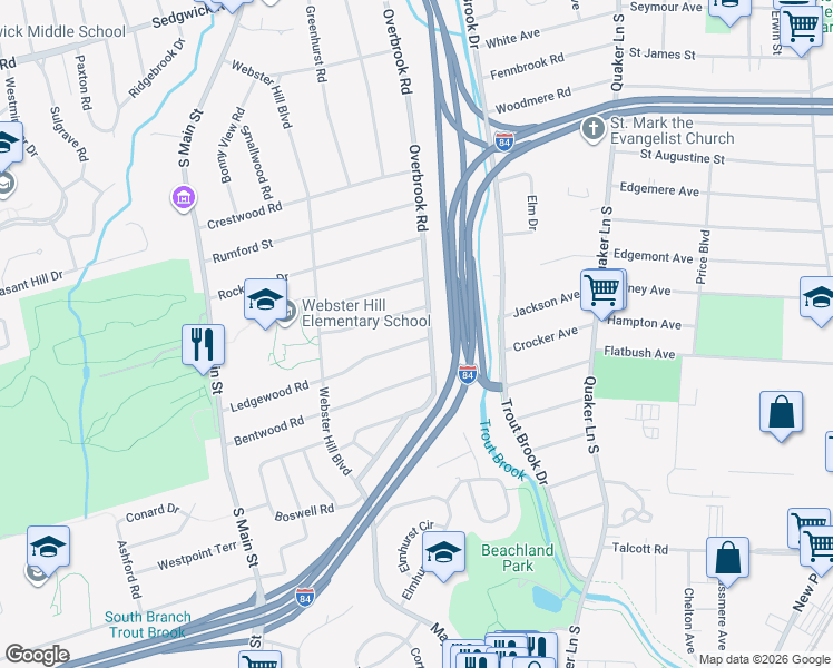 map of restaurants, bars, coffee shops, grocery stores, and more near 32 Ledgewood Road in West Hartford