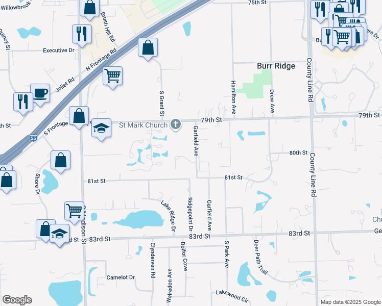 map of restaurants, bars, coffee shops, grocery stores, and more near 14 Pine Tree Lane in Burr Ridge