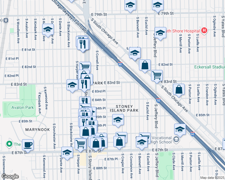 map of restaurants, bars, coffee shops, grocery stores, and more near 1720 East 83rd Place in Chicago