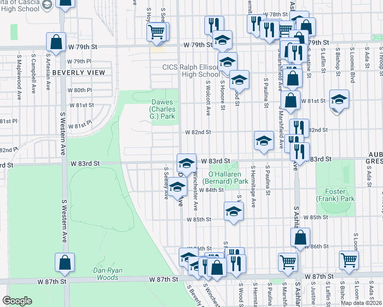 map of restaurants, bars, coffee shops, grocery stores, and more near 8244 South Winchester Avenue in Chicago