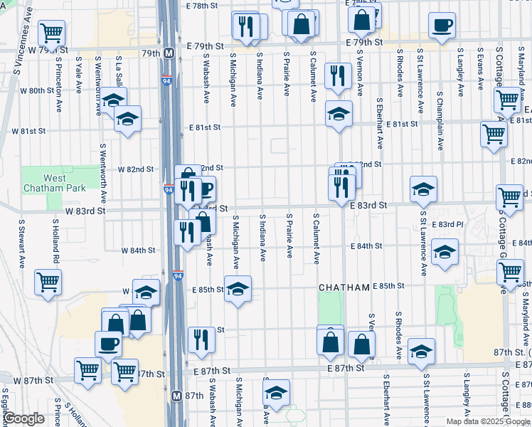 map of restaurants, bars, coffee shops, grocery stores, and more near 201 East 83rd Street in Chicago