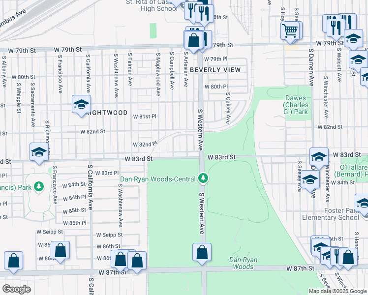 map of restaurants, bars, coffee shops, grocery stores, and more near 8236 South Artesian Avenue in Chicago