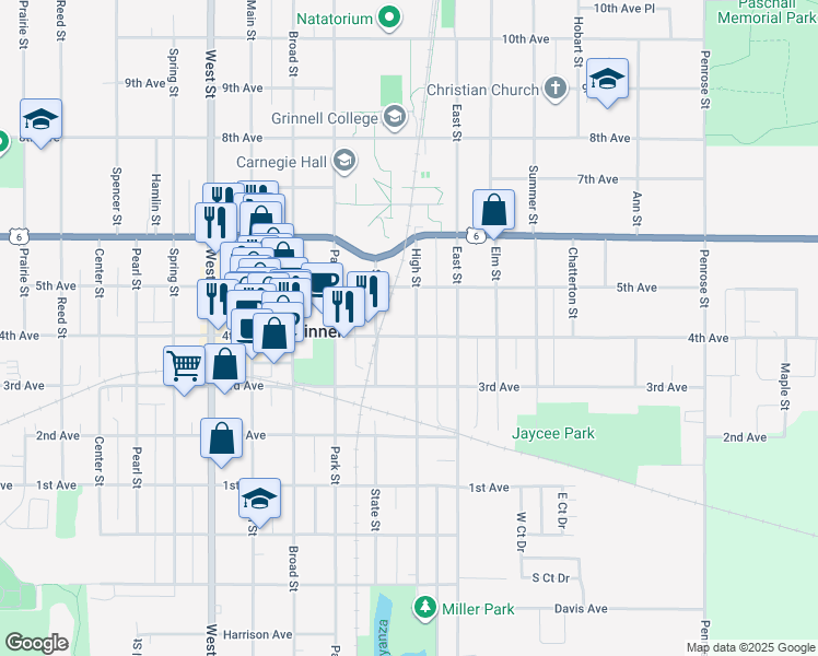 map of restaurants, bars, coffee shops, grocery stores, and more near 1125 4th Avenue in Grinnell