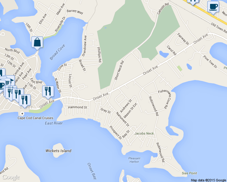 map of restaurants, bars, coffee shops, grocery stores, and more near 100 Onset Avenue in Wareham