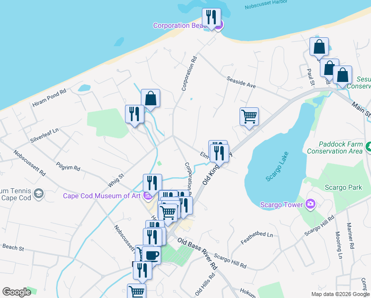 map of restaurants, bars, coffee shops, grocery stores, and more near 64 Corporation Road in Dennis