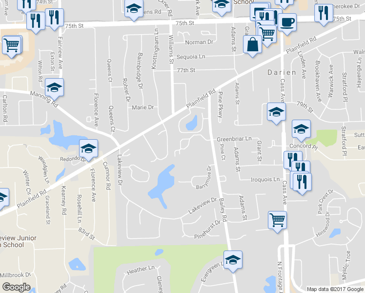 map of restaurants, bars, coffee shops, grocery stores, and more near 1514 Stewart Drive in Darien
