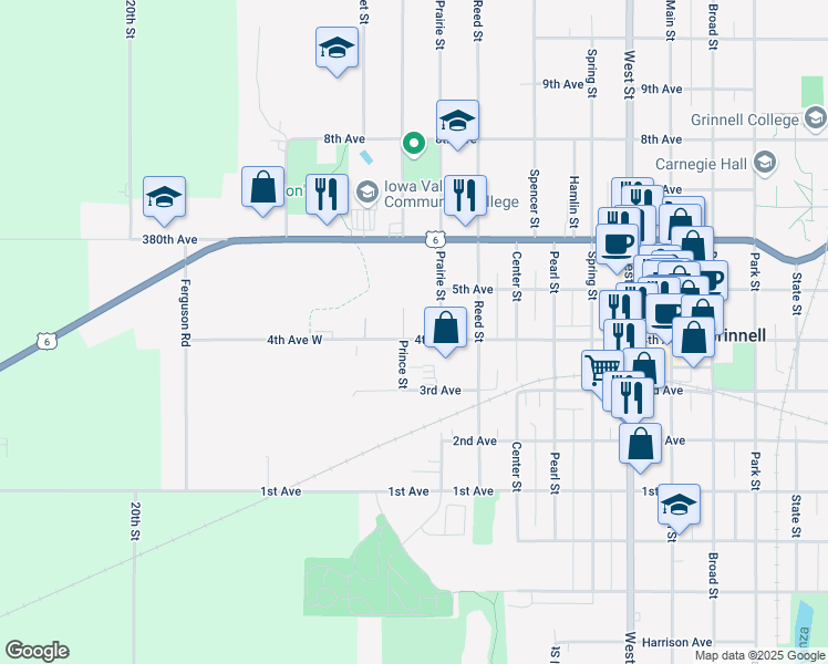 map of restaurants, bars, coffee shops, grocery stores, and more near 902 4th Avenue in Grinnell