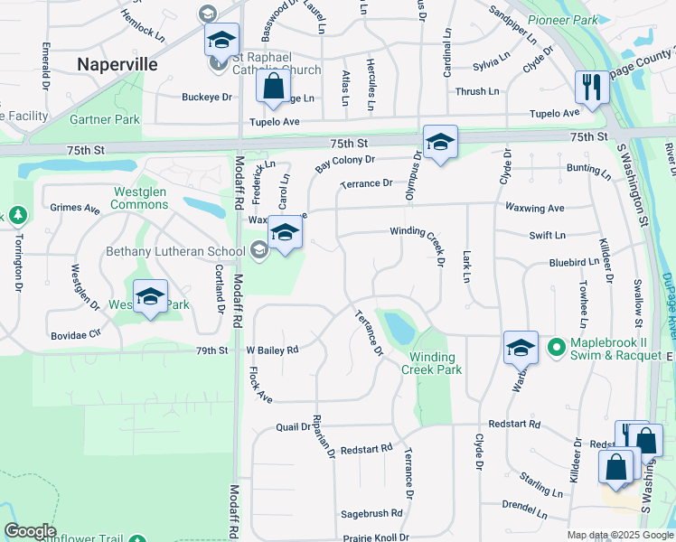 map of restaurants, bars, coffee shops, grocery stores, and more near 1419 Terrance Drive in Naperville