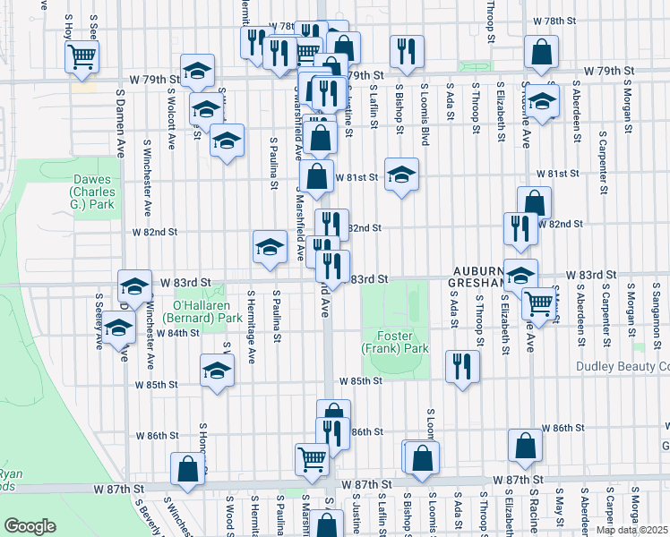 map of restaurants, bars, coffee shops, grocery stores, and more near 8249 South Ashland Avenue in Chicago