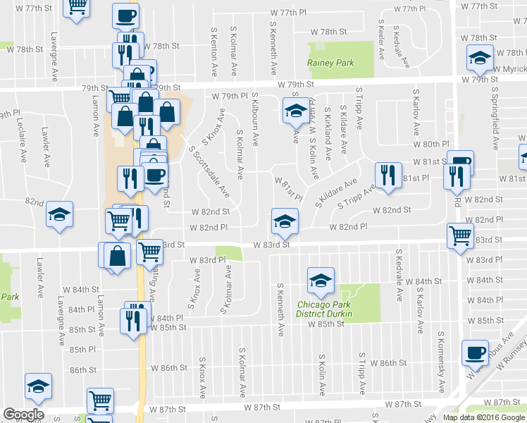 map of restaurants, bars, coffee shops, grocery stores, and more near 8201 South Kilbourn Avenue in Chicago