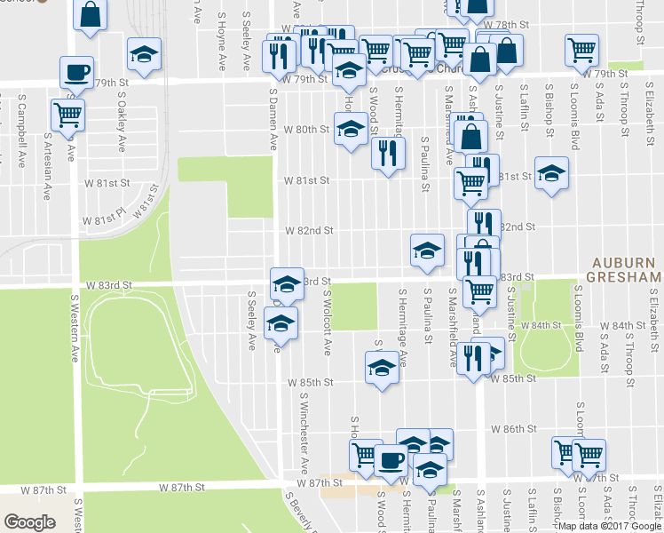 map of restaurants, bars, coffee shops, grocery stores, and more near 8245 South Wolcott Avenue in Chicago