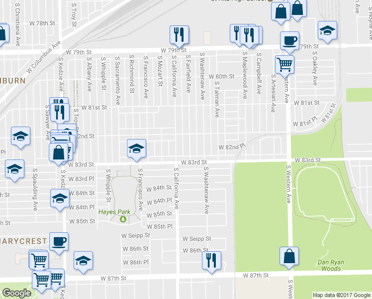map of restaurants, bars, coffee shops, grocery stores, and more near 8232 South Fairfield Avenue in Chicago