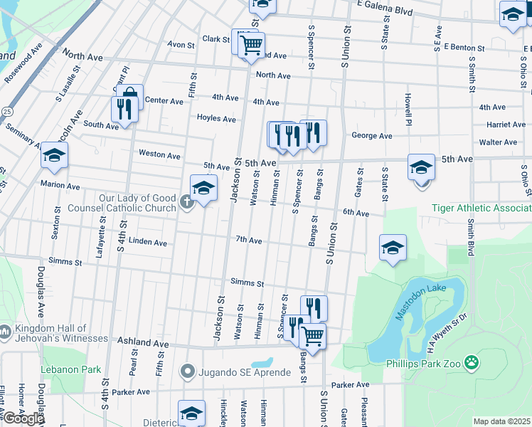 map of restaurants, bars, coffee shops, grocery stores, and more near 613 Hinman Street in Aurora