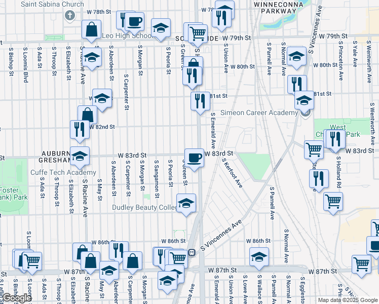 map of restaurants, bars, coffee shops, grocery stores, and more near 8259 South Green Street in Chicago