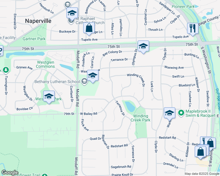 map of restaurants, bars, coffee shops, grocery stores, and more near 1419 Terrance Drive in Naperville