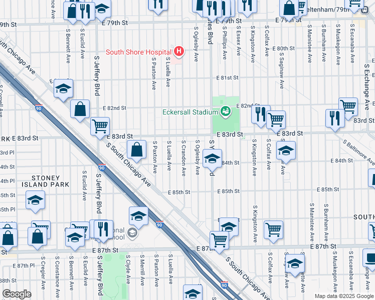 map of restaurants, bars, coffee shops, grocery stores, and more near 8331 South Crandon Avenue in Chicago