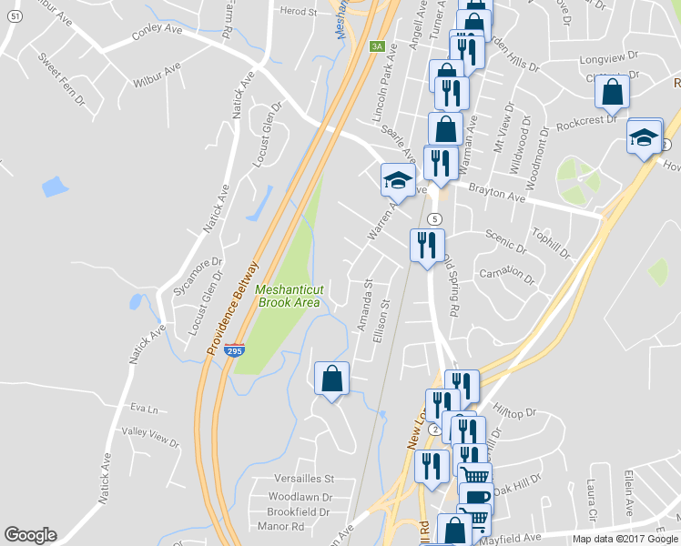 map of restaurants, bars, coffee shops, grocery stores, and more near 107 Warren Avenue in Cranston